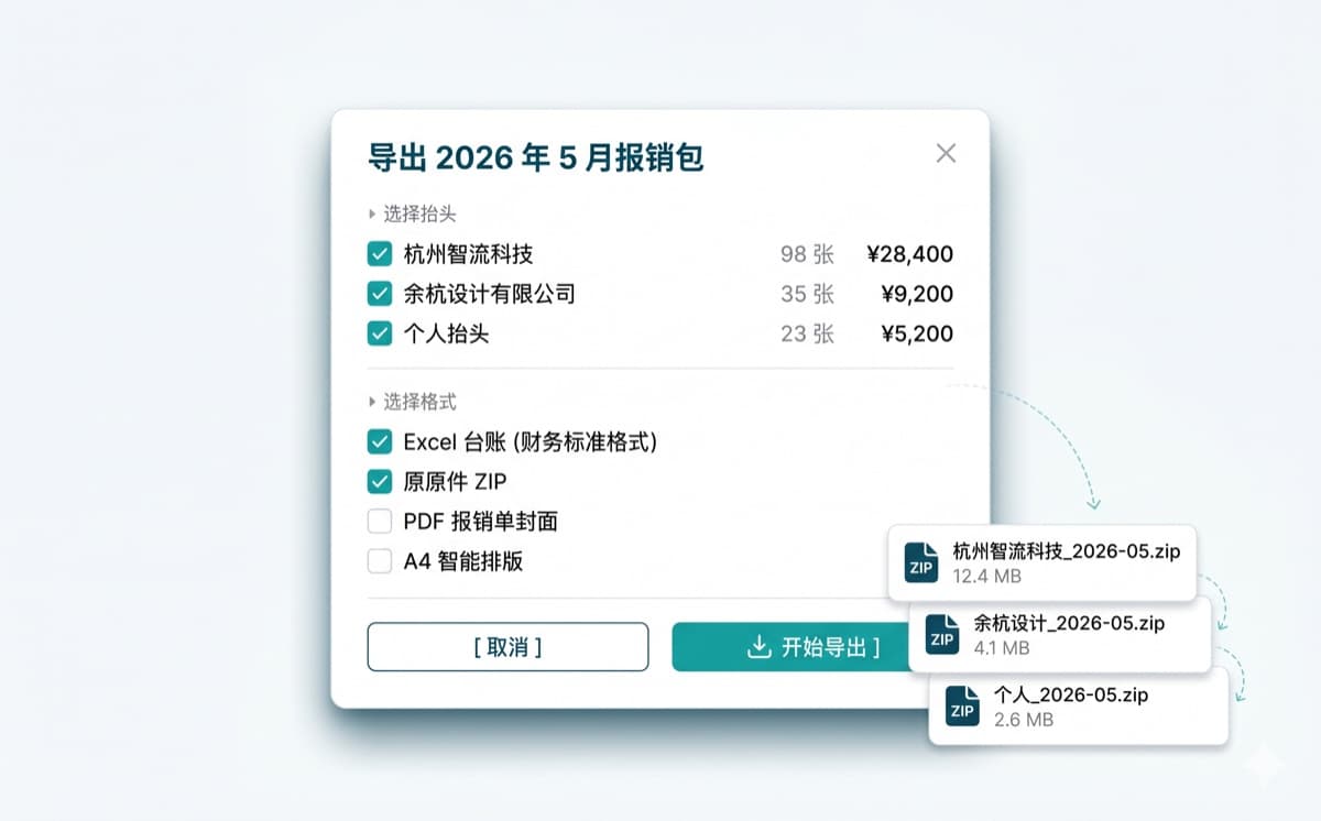 报销包导出:modal + ZIP 文件飞出
